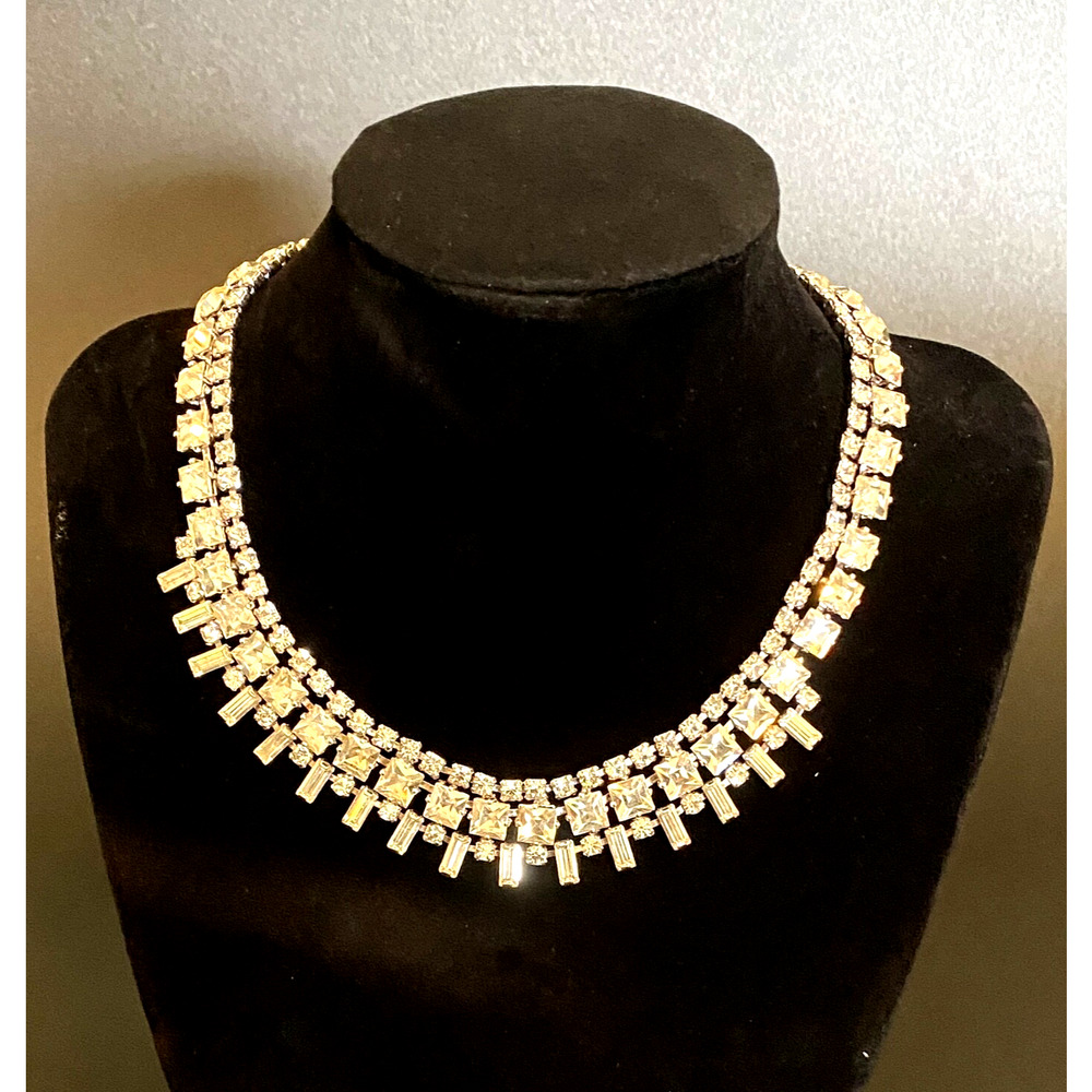 RARE Vintage VOLUPTE Art Deco Rhinestone Choker Necklace Prong Rhodium Plate